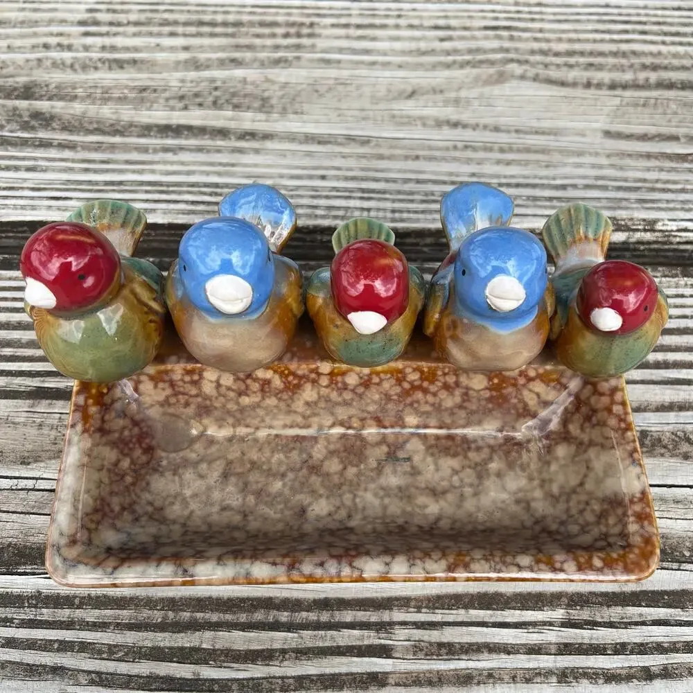 Vintage Hand Painted Ceramic Bird Tray Rustic Pottery Catchall Farmhouse Dish